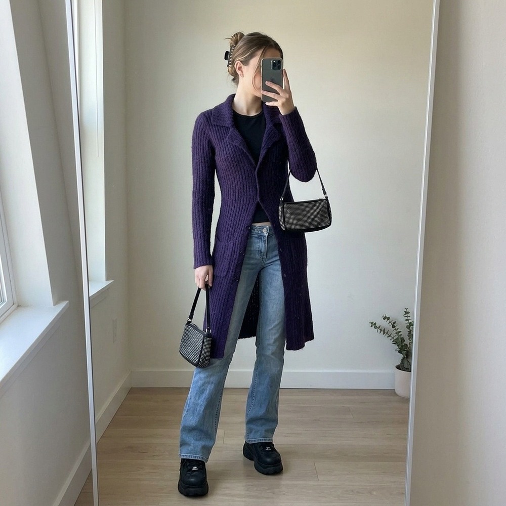 Vintage Y2K Bebe Women Sweater XS Purple Mohair Wool Blend Longline Cardigan